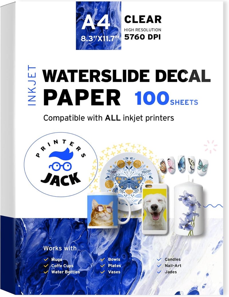 Printers Jack Water Slide Decal Paper Inkjet 100 Sheets A4 Size Premium Water Slide Transfer Paper Clear Transparent Printable Waterslide Paper for Tumblers, Mugs, Glasses DI - Image 1